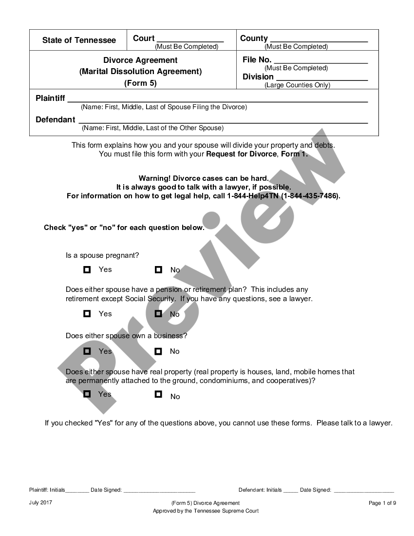 Tennessee Property Settlement And Marital Dissolution Agreement Marital Dissolution Agreement 5774