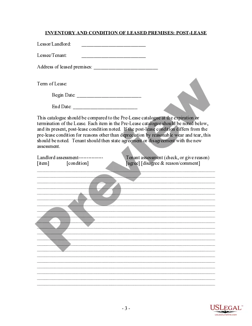 Preview Inventory and Condition of Leased Premises for Pre Lease and Post Lease