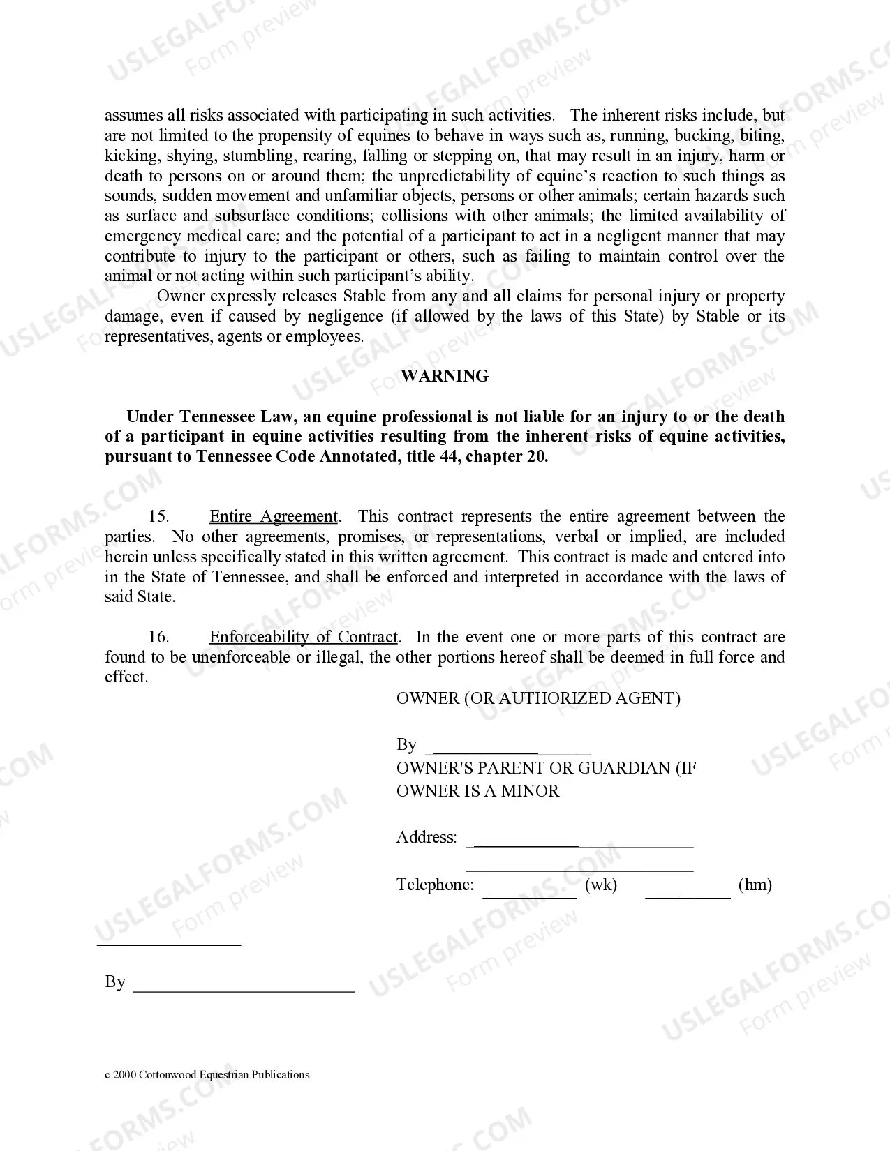 Preview Tennessee Horse Equine Forms Package