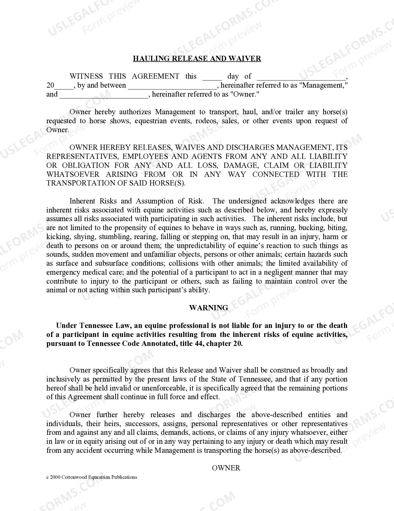 Preview Tennessee Horse Equine Forms Package