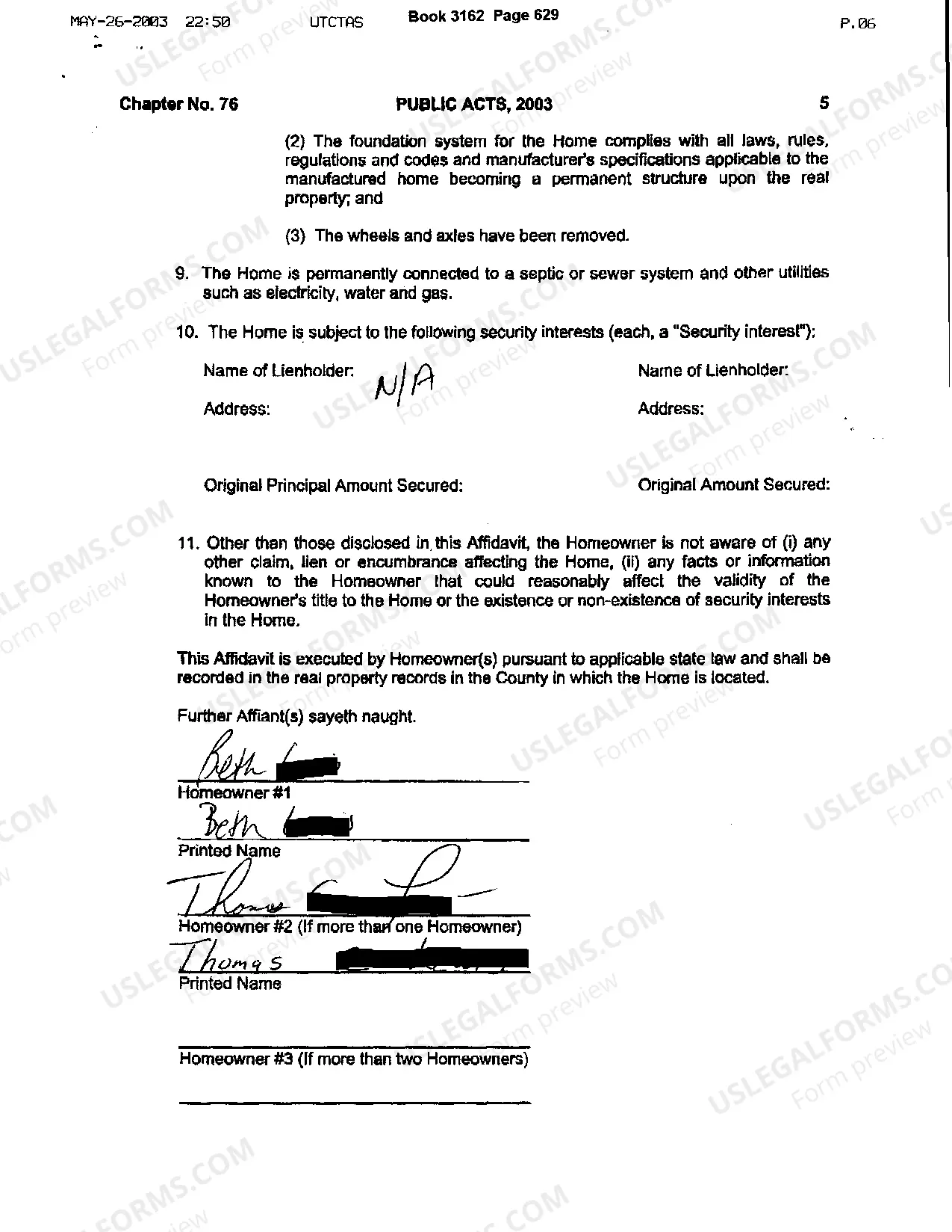 Preview Affidavit of Homeowner