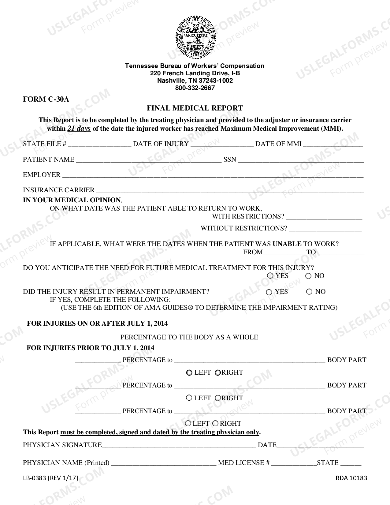 Tennessee Final Medical Report C30a Form US Legal Forms