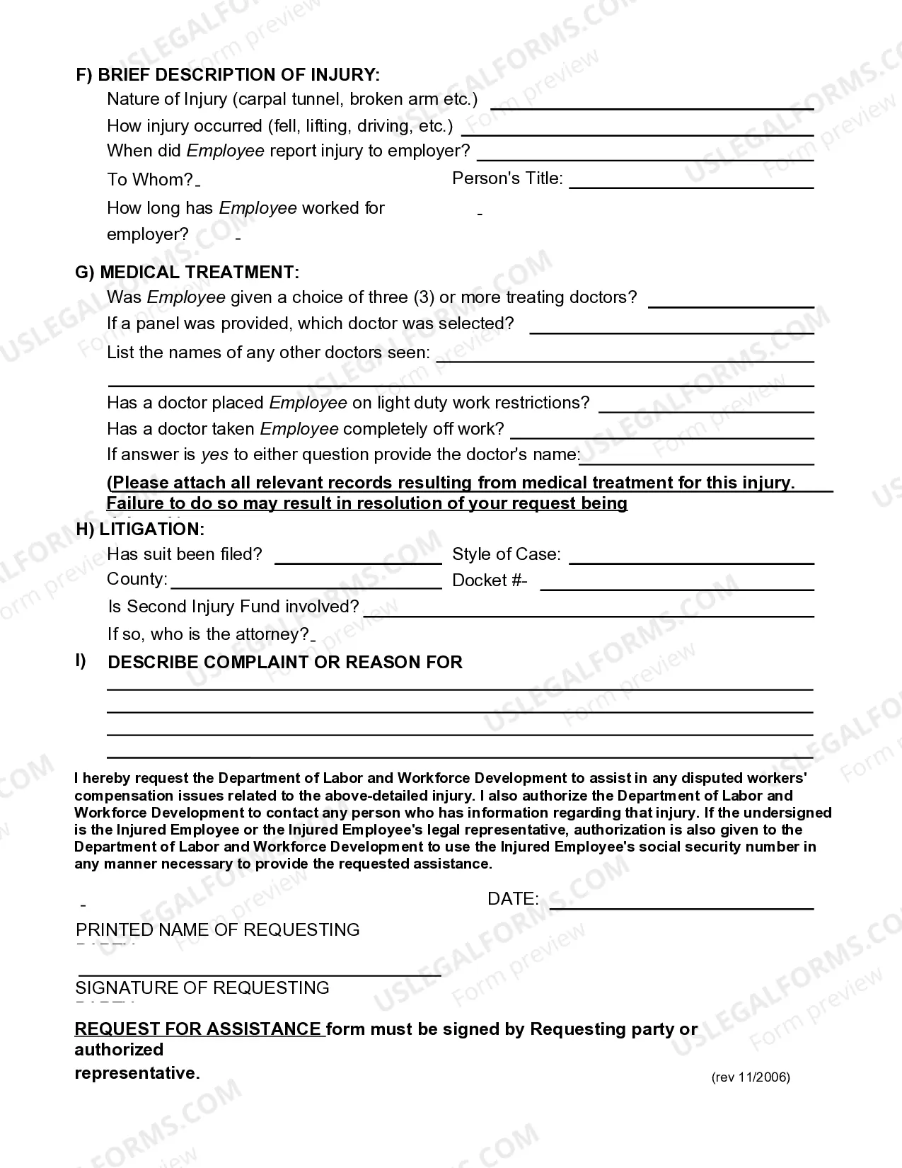 Preview Request for Assistance for Workers' Compensation