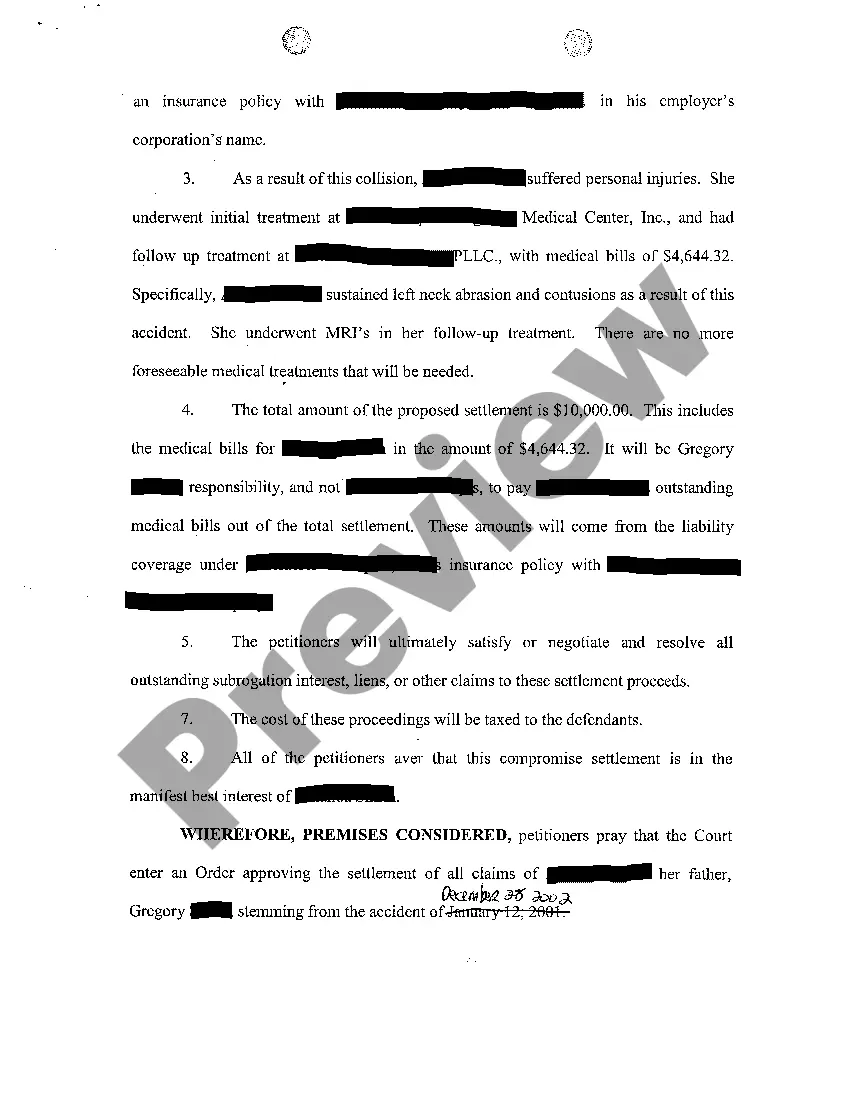 Get A01 Petition For Court Approval of Minor Settlement for Motor Vehicle Accident Preview A01 Petition For Court Approval of Minor Settlement for Motor Vehicle Accident