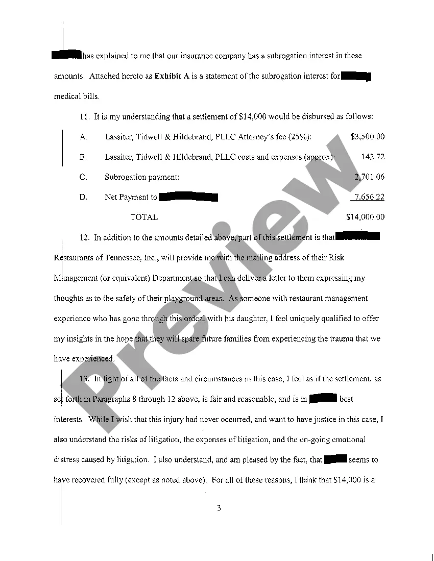 Preview A02 Affidavit of Minor's Father regarding proposed settlement regarding injury to minor child from rodent bite