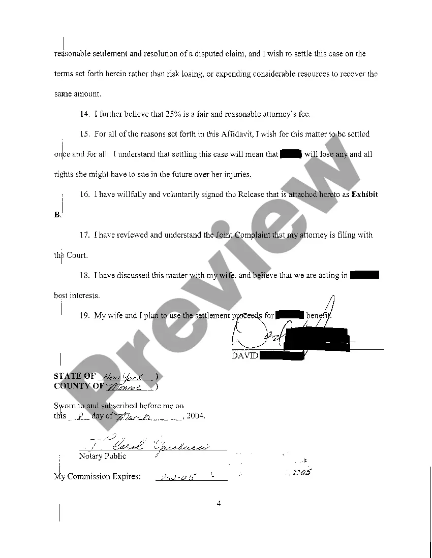 Preview A02 Affidavit of Minor's Father regarding proposed settlement regarding injury to minor child from rodent bite