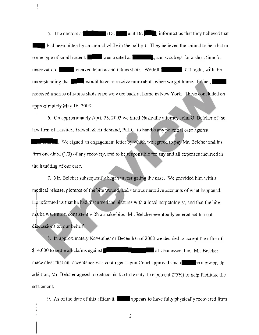 Get A04 Affidavit of Minor's Mother regarding proposed settlement to minor child from injury due to rodent bite Preview A04 Affidavit of Minor's Mother regarding proposed settlement to minor child from injury due to rodent bite