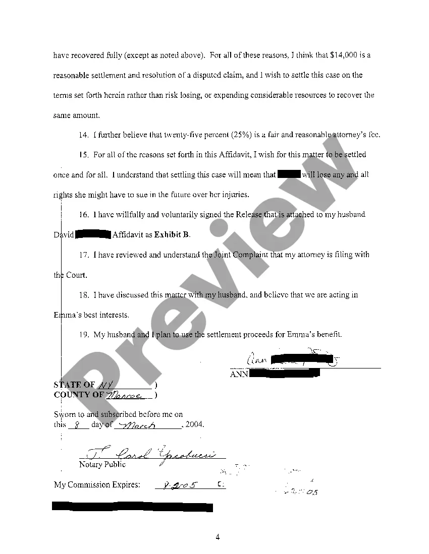 Get A04 Affidavit of Minor's Mother regarding proposed settlement to minor child from injury due to rodent bite Preview A04 Affidavit of Minor's Mother regarding proposed settlement to minor child from injury due to rodent bite