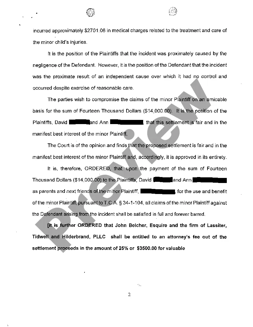 Preview A07 Order Approving Minor's Settlement regarding injury to minor child from rodent bite