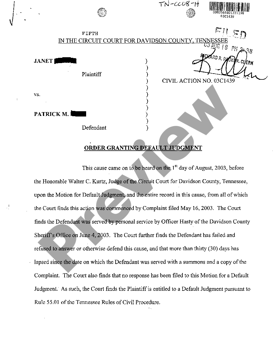 Tennessee Order Granting Default Judgment | US Legal Forms