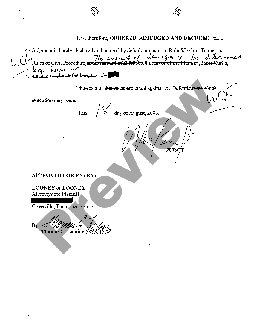 Tennessee Order Granting Default Judgment US Legal Forms