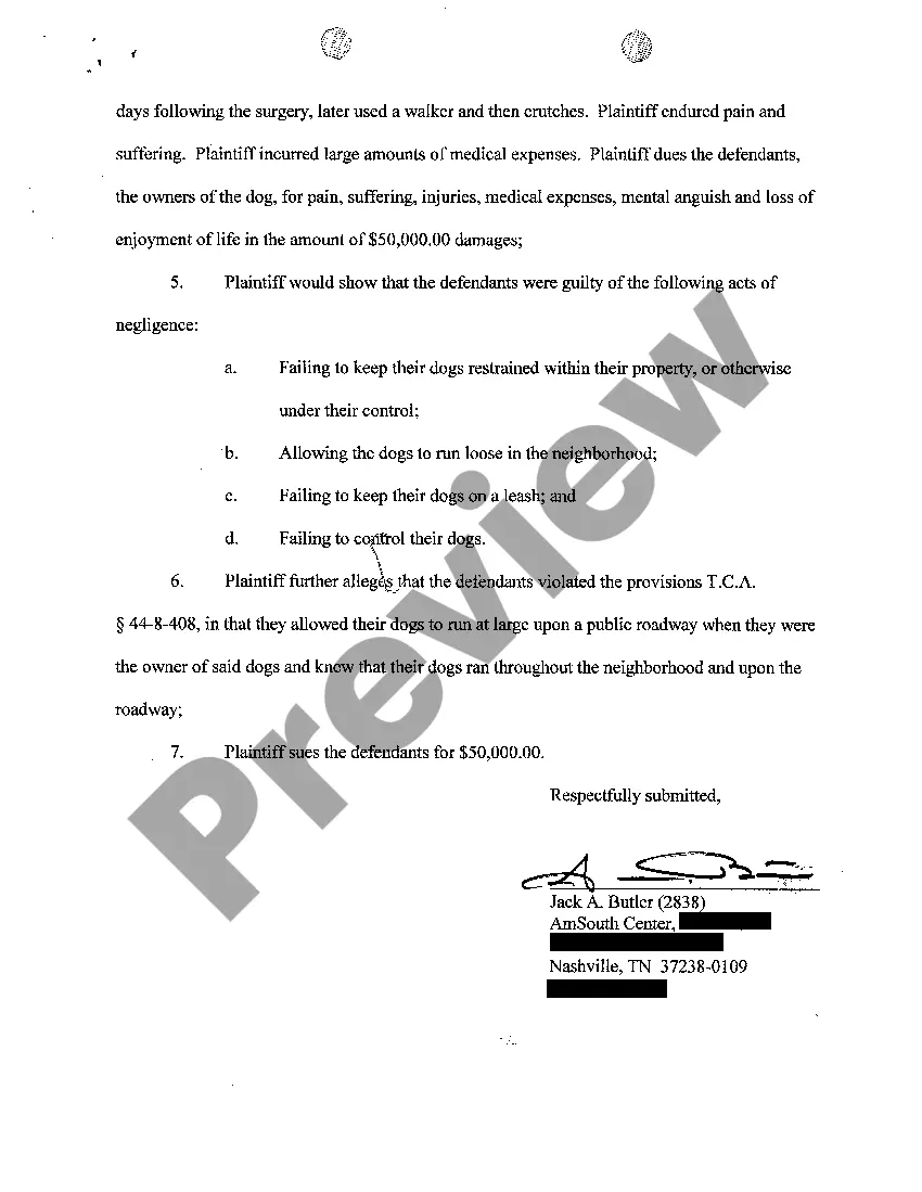Get A01 Complaint regarding injuries from dog bite Preview A01 Complaint regarding injuries from dog bite