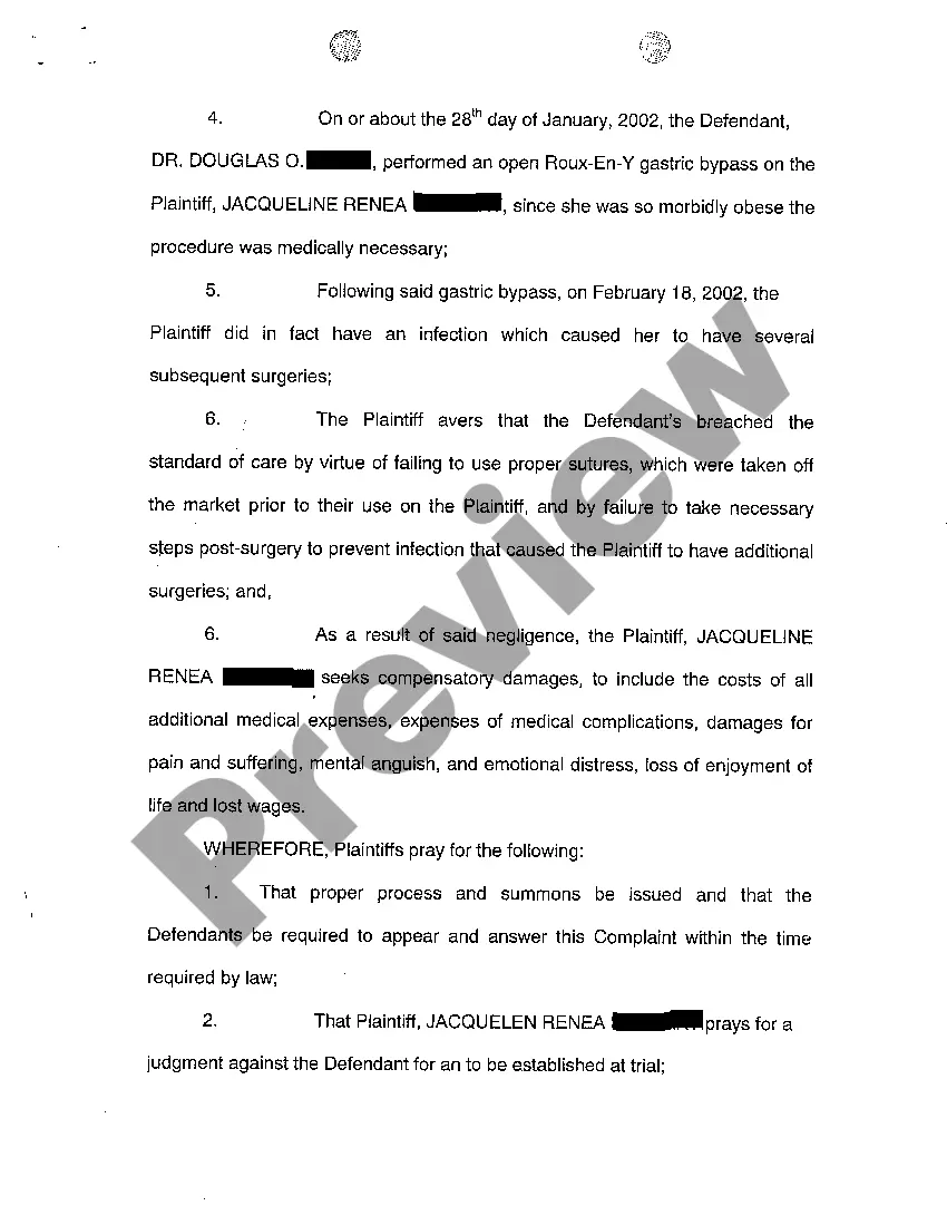 Preview A01 Complaint regarding surgical medical malpractice