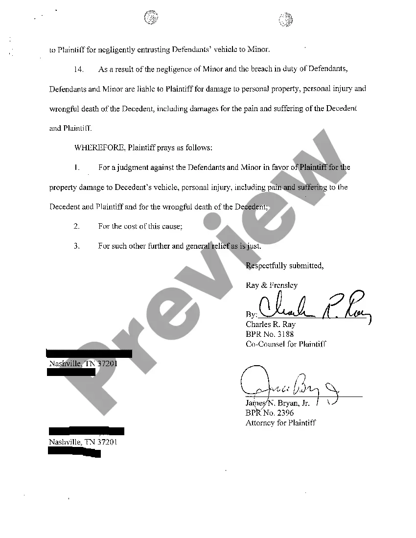 Preview A01 Complaint for Wrongful Death Due to Vehicular Accident