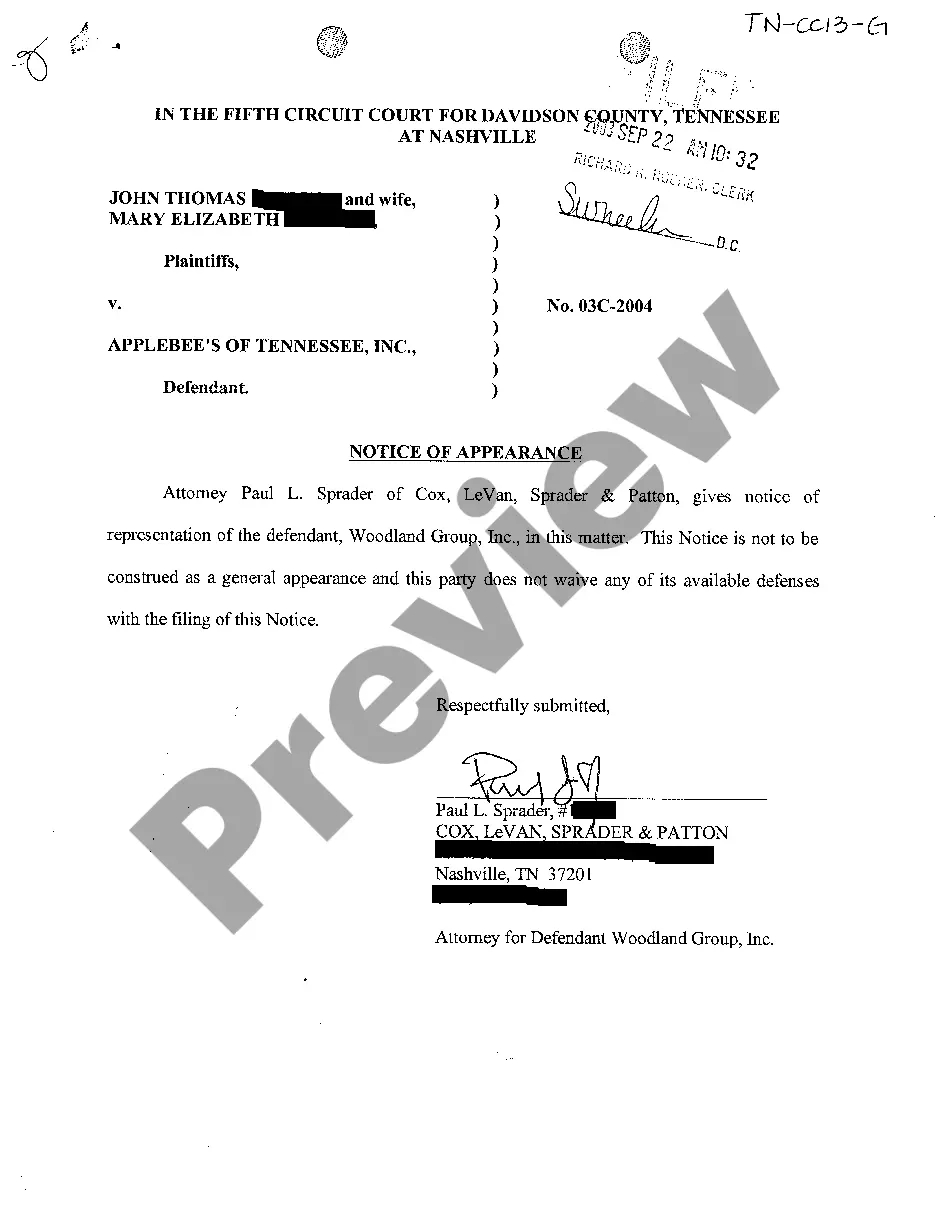 Tennessee Notice of Appearance of representation of Defendant Notice