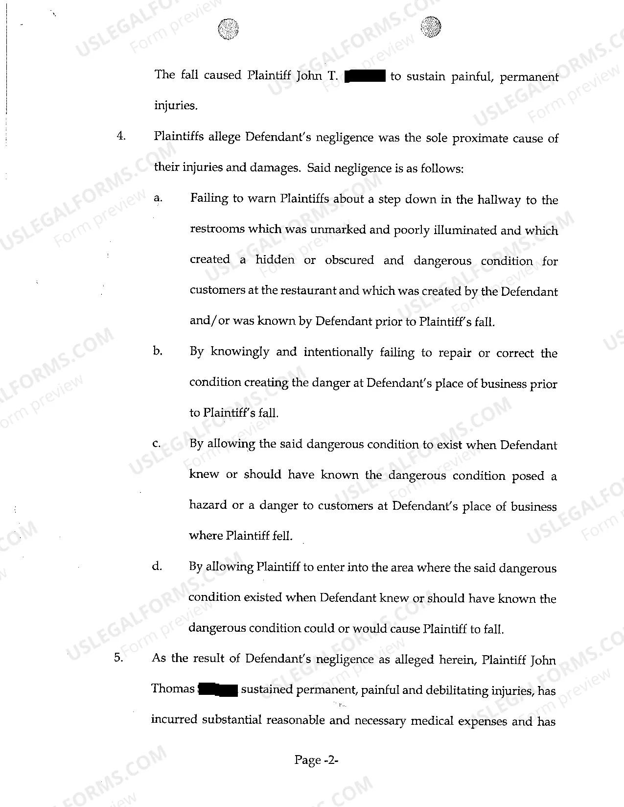 Preview A01 Complaint regarding fall in restaurant hallway