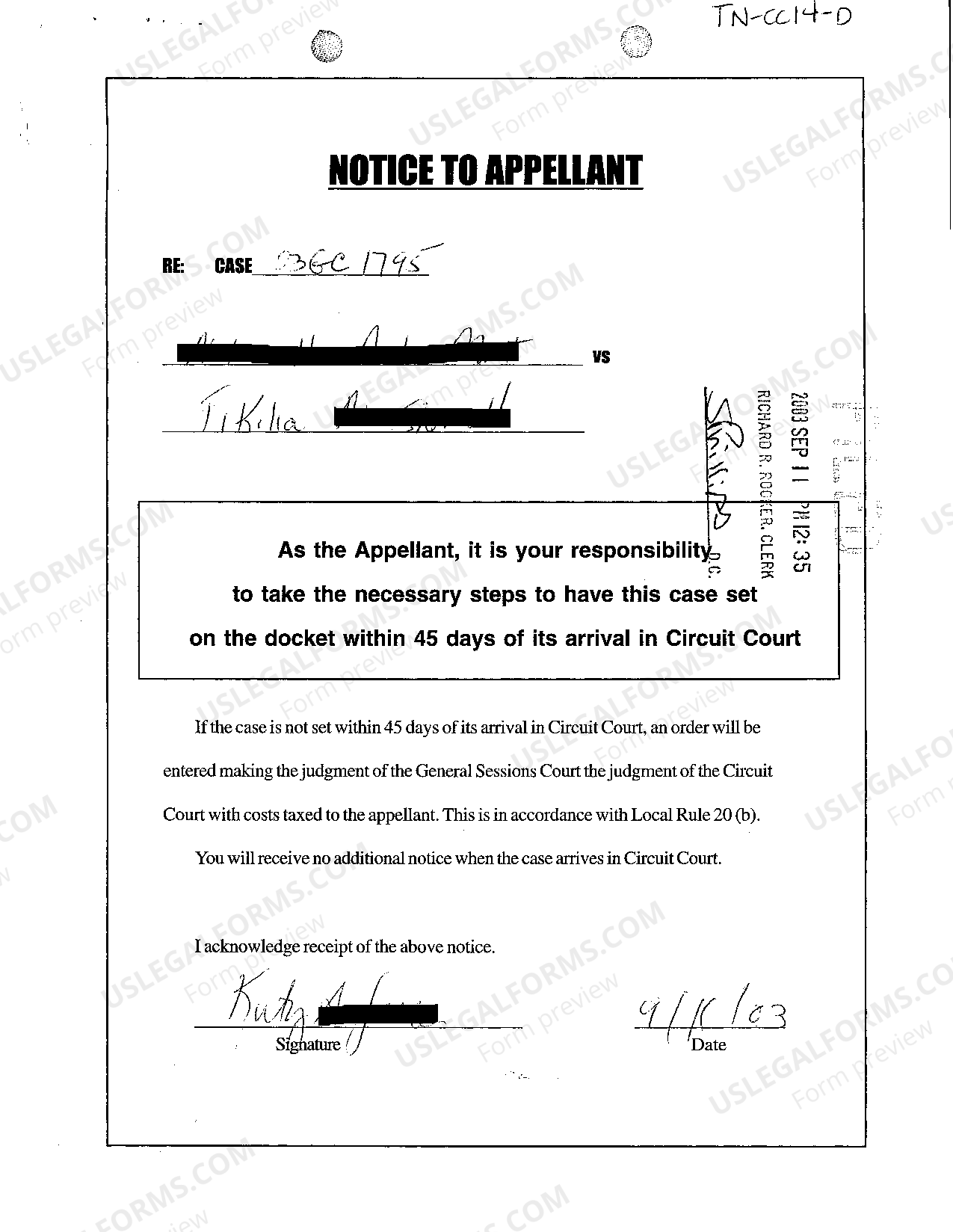 Tennessee Notice To Appellant to Take Necessary Steps to Have Case Set