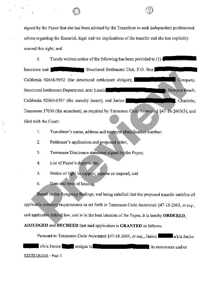 Preview A07 Order Granting Transfer of Structure Settlement