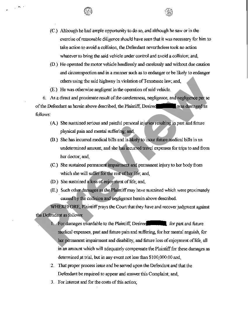 Preview A01 Complaint for Injuries to a Pedestrian