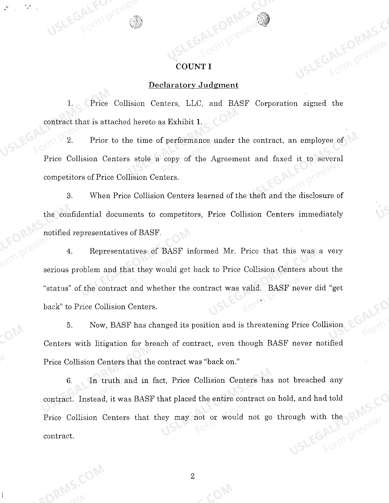 Preview A01 Complaint for Declaratory Judgment that Plaintiff Has Not Breached Business Contract