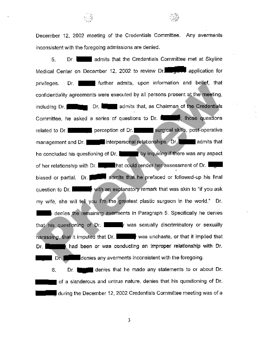 Get A03 Answer to Complaint regarding slanderous statements made about Doctor to Hospital Preview A03 Answer to Complaint regarding slanderous statements made about Doctor to Hospital