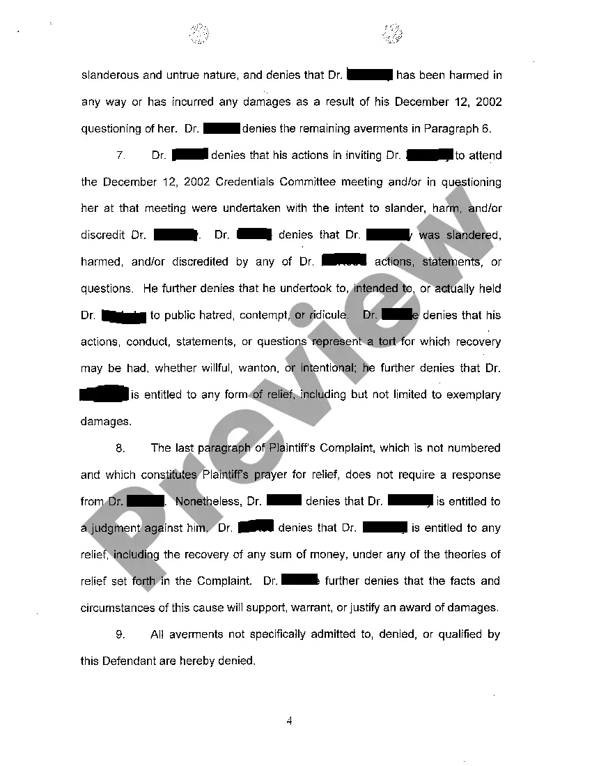 Get A03 Answer to Complaint regarding slanderous statements made about Doctor to Hospital Preview A03 Answer to Complaint regarding slanderous statements made about Doctor to Hospital