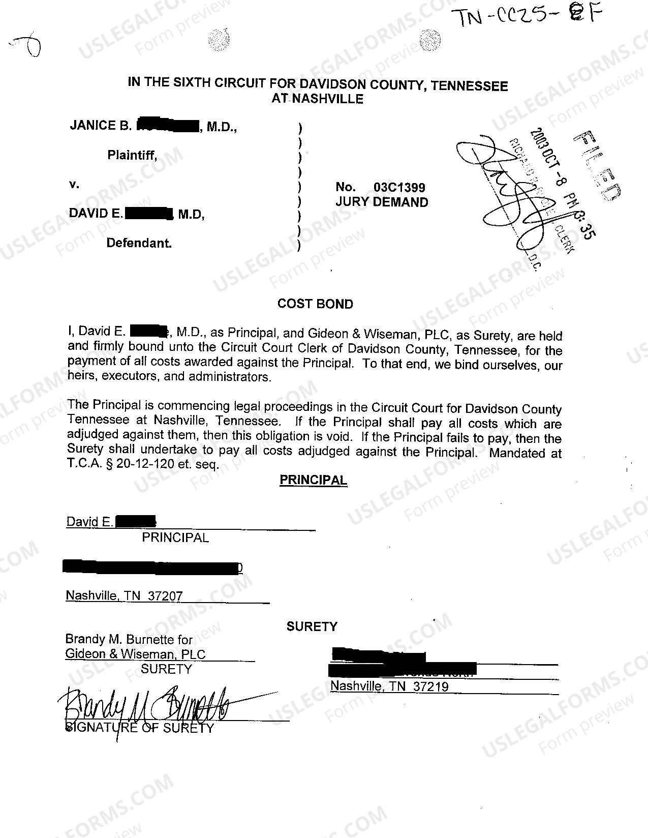 Tennessee Cost Bond For Service Of Subpoena Form Form US Legal Forms