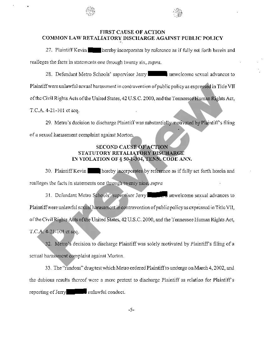 Get A01 Complaint for Retaliatory Discharge Against Supervisor Who Sexually Harassed Plaintiff Preview A01 Complaint for Retaliatory Discharge Against Supervisor Who Sexually Harassed Plaintiff
