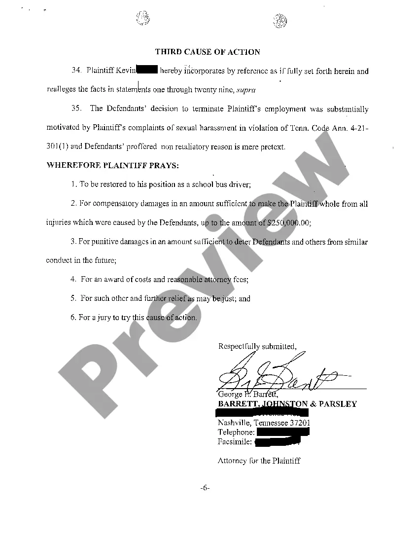 Get A01 Complaint for Retaliatory Discharge Against Supervisor Who Sexually Harassed Plaintiff Preview A01 Complaint for Retaliatory Discharge Against Supervisor Who Sexually Harassed Plaintiff