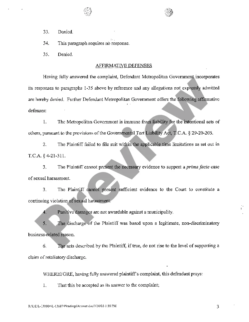 Get A06 Answer To Amended Complaint Retaliatory Discharge Against Supervisor Who Sexually Harassed Plaintiff Preview A06 Answer To Amended Complaint Retaliatory Discharge Against Supervisor Who Sexually Harassed Plaintiff