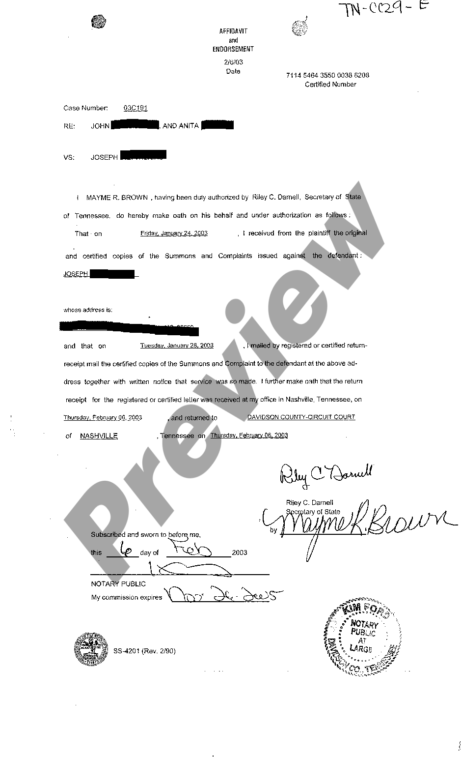 Chattanooga Tennessee Affidavit And Endorsement Acknowledging Receipt ...