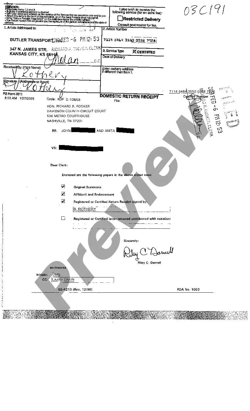 Preview A08 Affidavit And Endorsement Acknowledging Receipt of Summons and Complaint