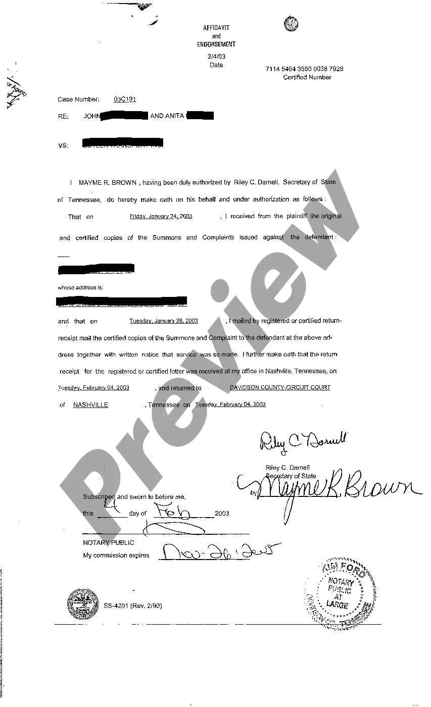 Preview A08 Affidavit And Endorsement Acknowledging Receipt of Summons and Complaint