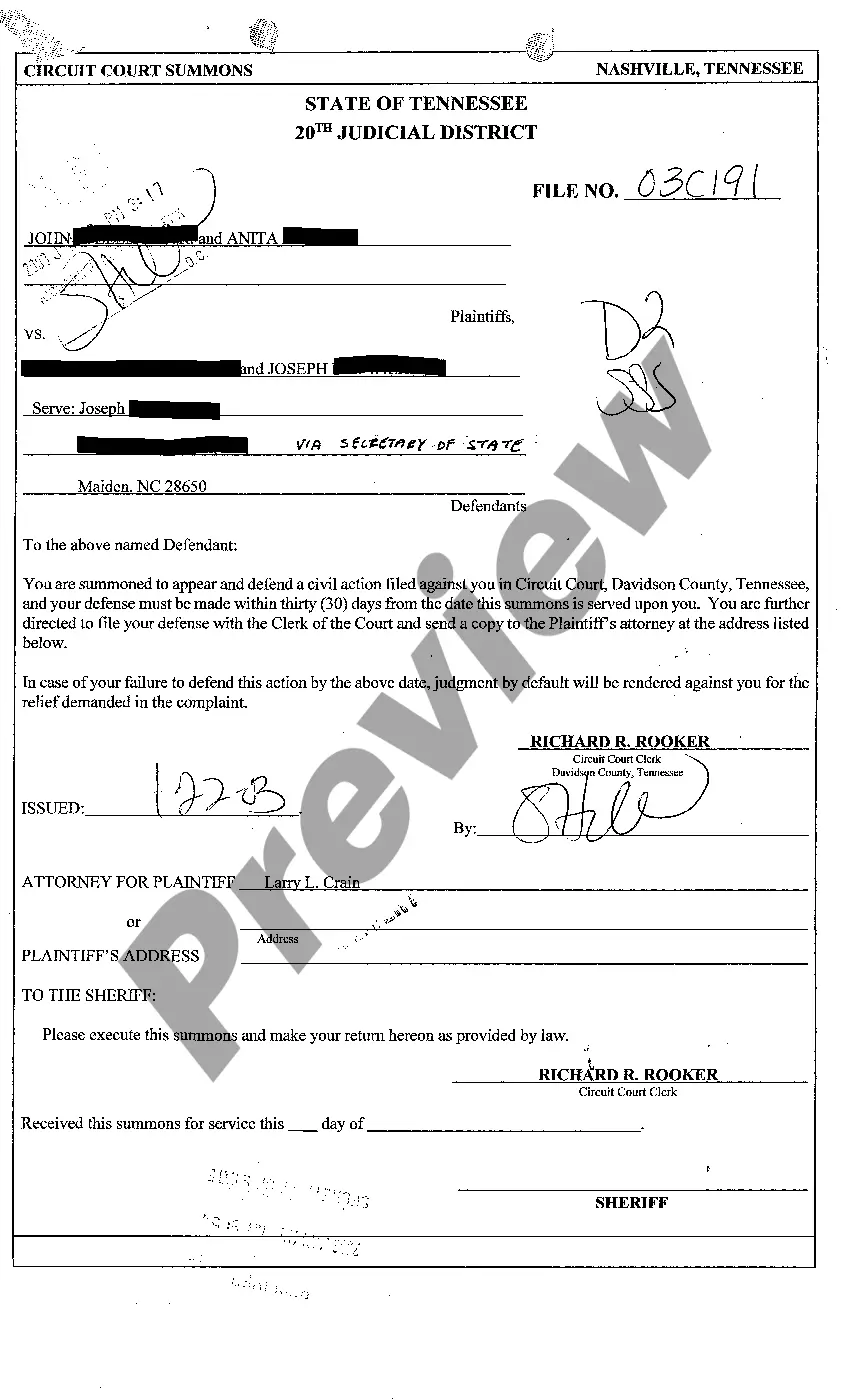 Preview A08 Affidavit And Endorsement Acknowledging Receipt of Summons and Complaint