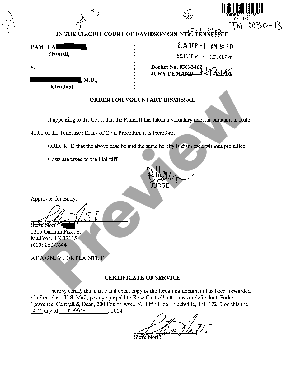 Tennessee Order For Voluntary Dismissal 