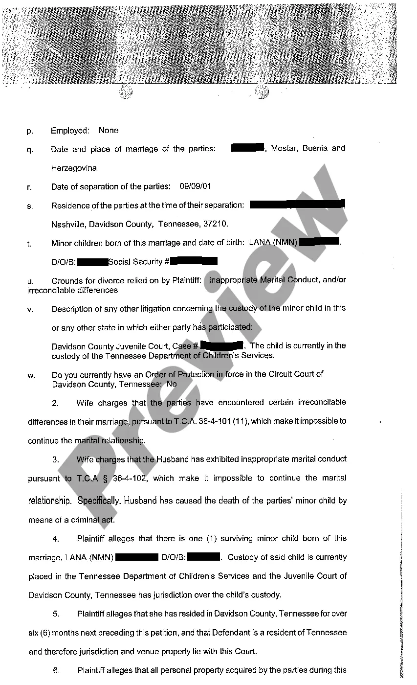 Preview A01 Complaint For Divorce With Children on Grounds of Inappropriate Marital Conduct