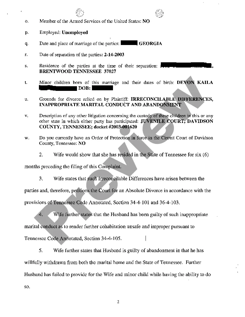 Preview A01 Complaint For Divorce Based Upon Grounds of Irreconcilable Differences