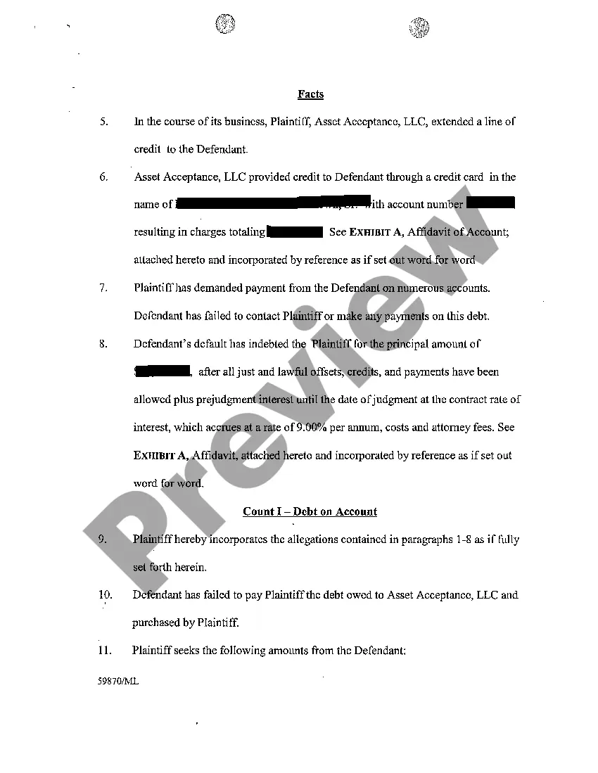 Get A01 Complaint For Debt On Account Preview A01 Complaint For Debt On Account