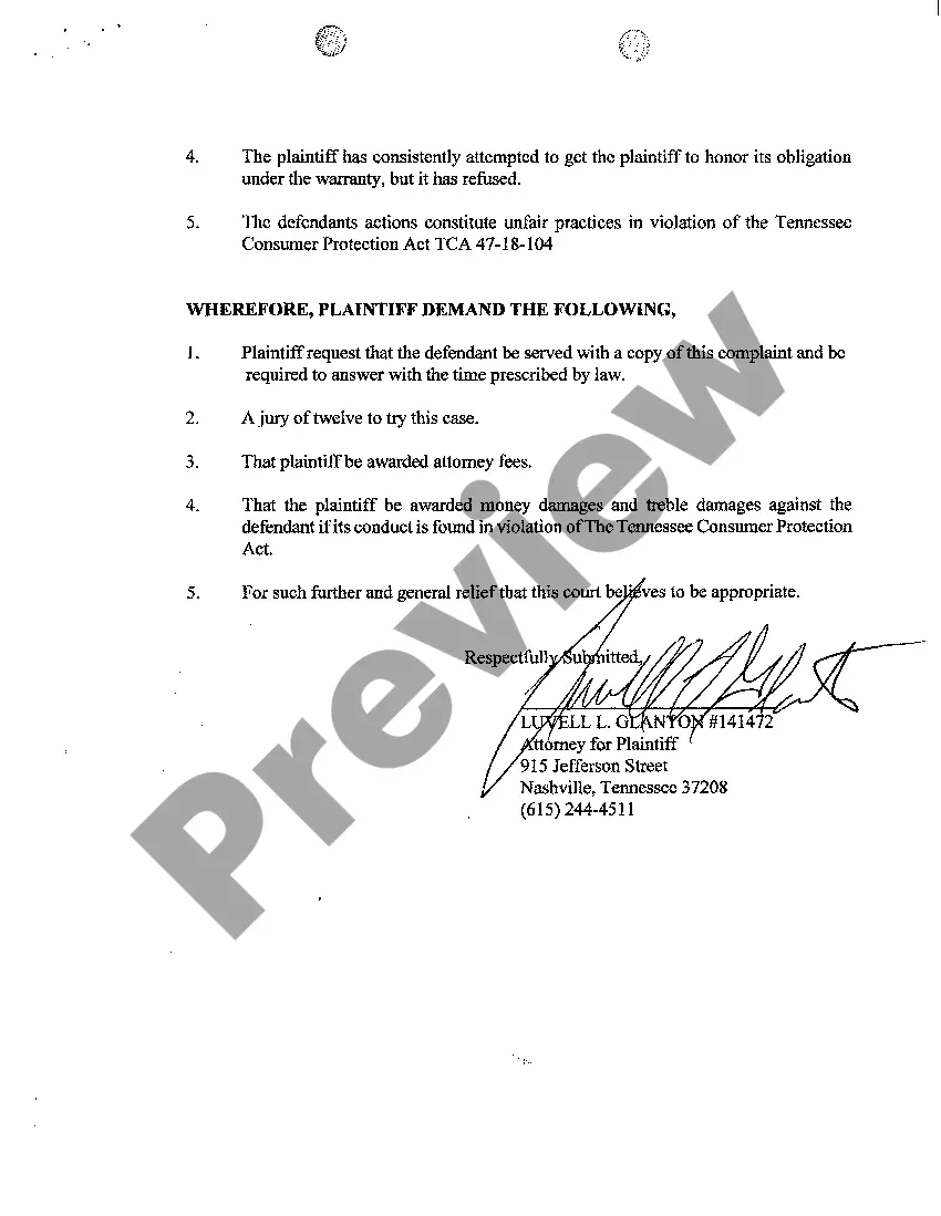 Preview A01 Complaint regarding breach of warranty on vehicle with mechanical problems