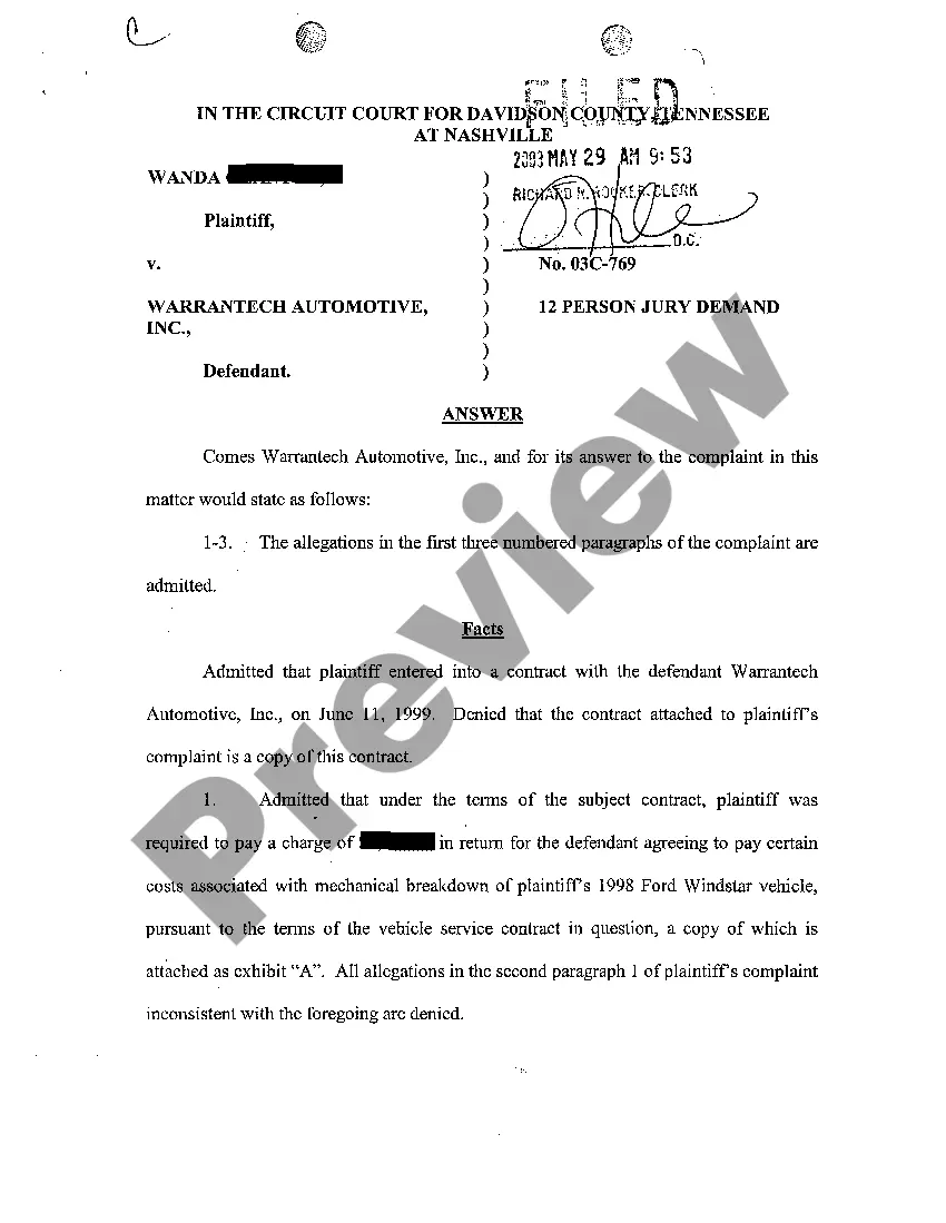 Preview A04 Answer to Complaint regarding breach of warranty on vehicle with mechanical problems