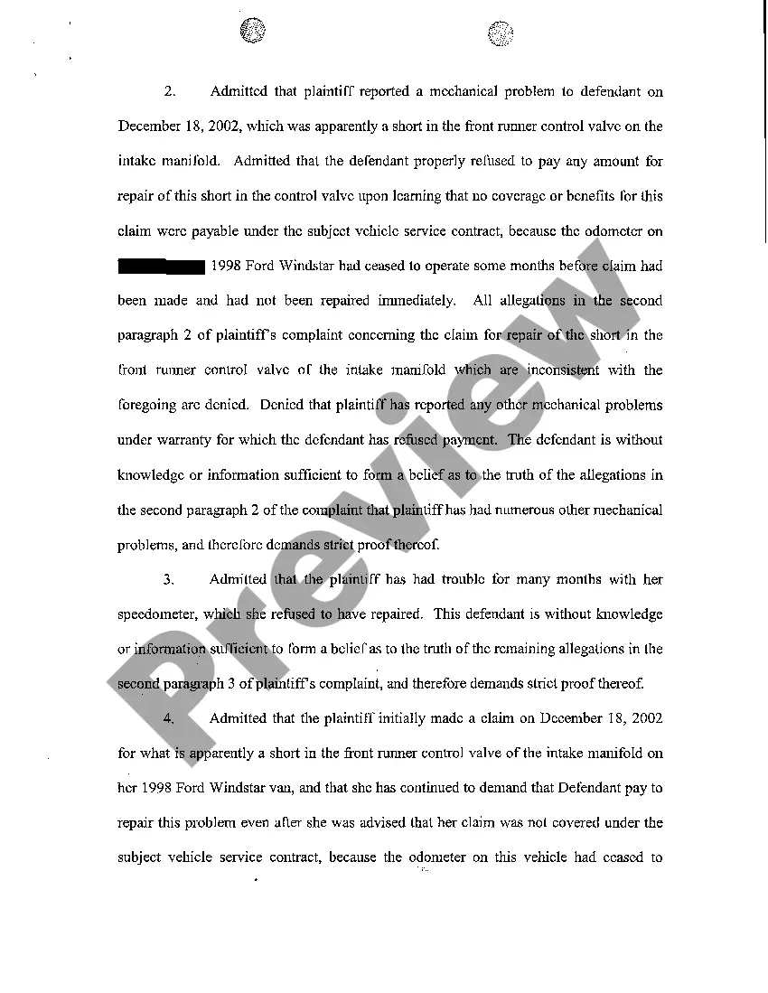 Preview A04 Answer to Complaint regarding breach of warranty on vehicle with mechanical problems