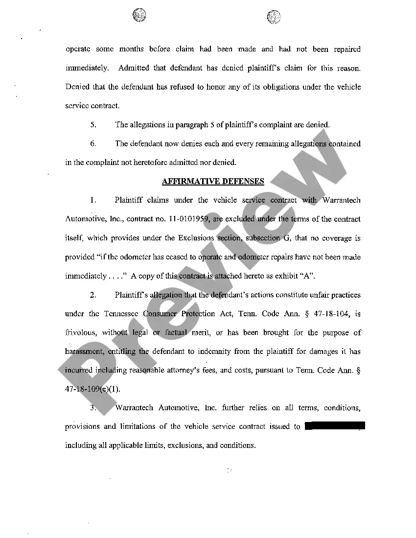 Preview A04 Answer to Complaint regarding breach of warranty on vehicle with mechanical problems