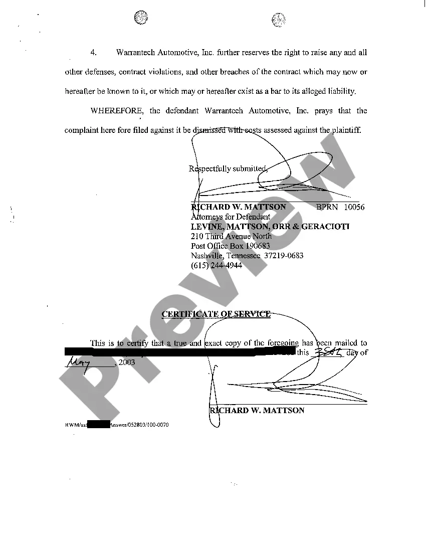 Preview A04 Answer to Complaint regarding breach of warranty on vehicle with mechanical problems