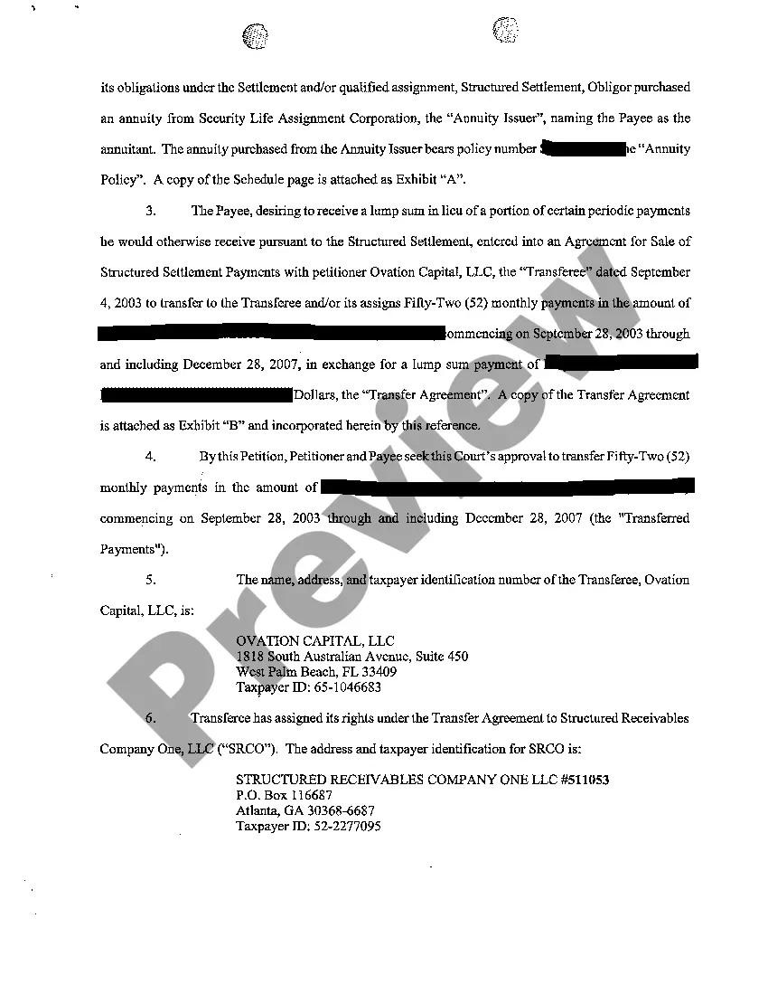 Preview A01 Petition For Authorization of A Transfer of Structured Settlement Payment Rights