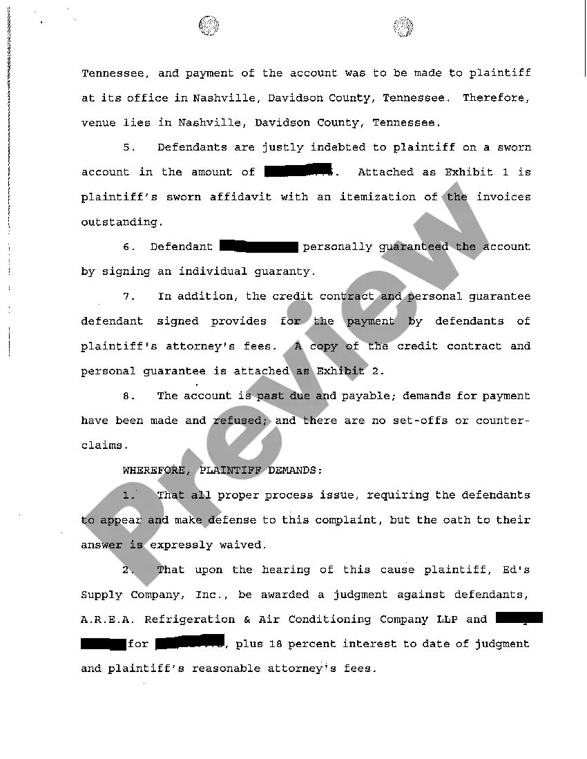 Get A01 Complaint for Judgment Against Defendants for Money Owed on Account Preview A01 Complaint for Judgment Against Defendants for Money Owed on Account