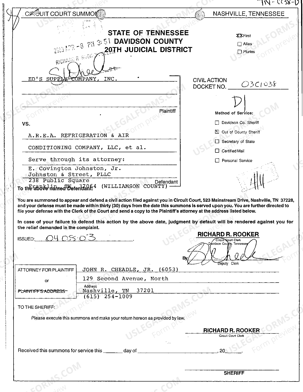 Tennessee Circuit Court Summons Against Defendant to Appear and Defend  Civil Action - Civil Summons | US Legal Forms