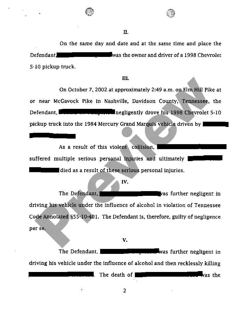 Preview A01 Complaint for Wrongful Death Involving Drunk Driver