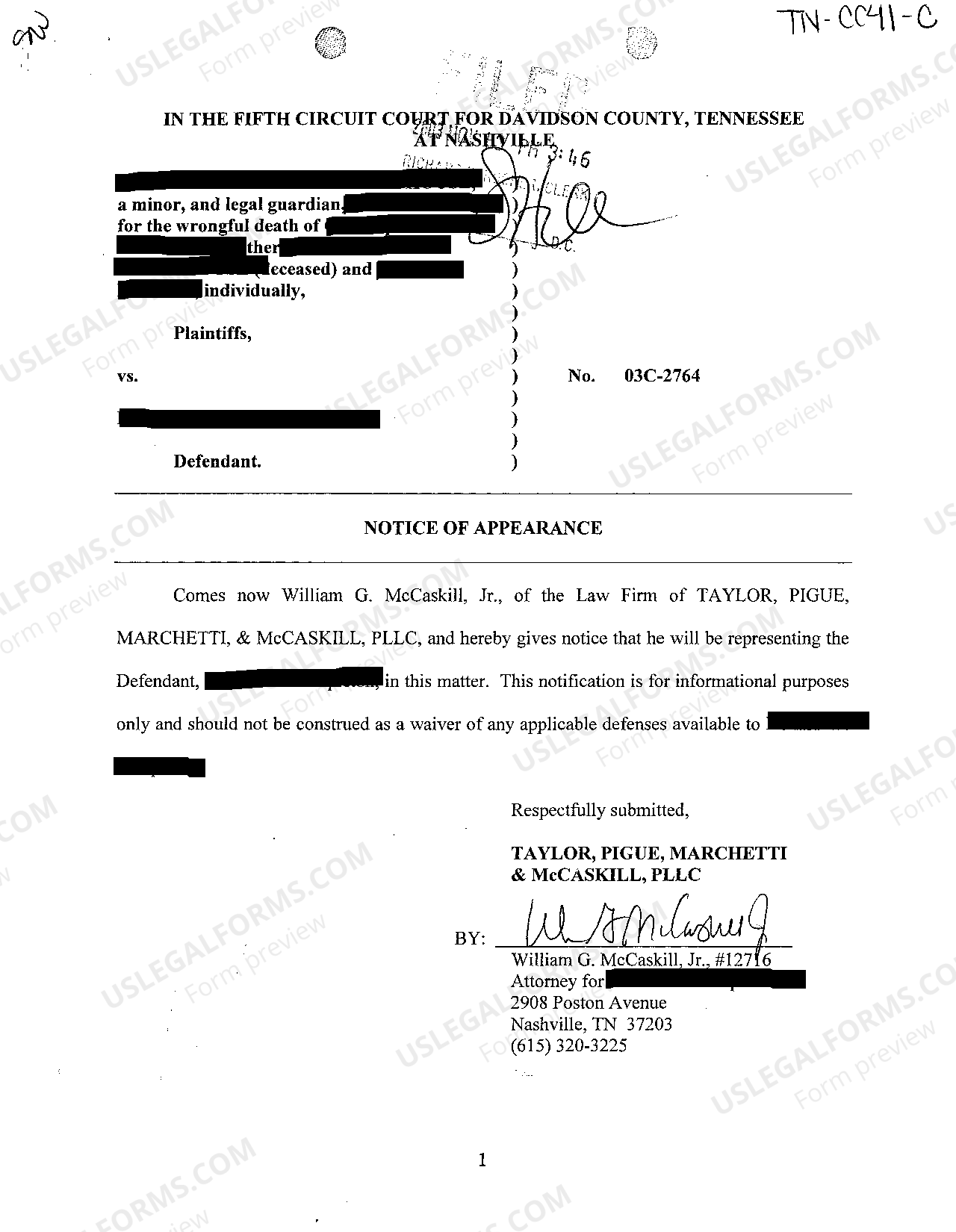 Nashville Tennessee Notice of Appearance Gives Notice US Legal Forms