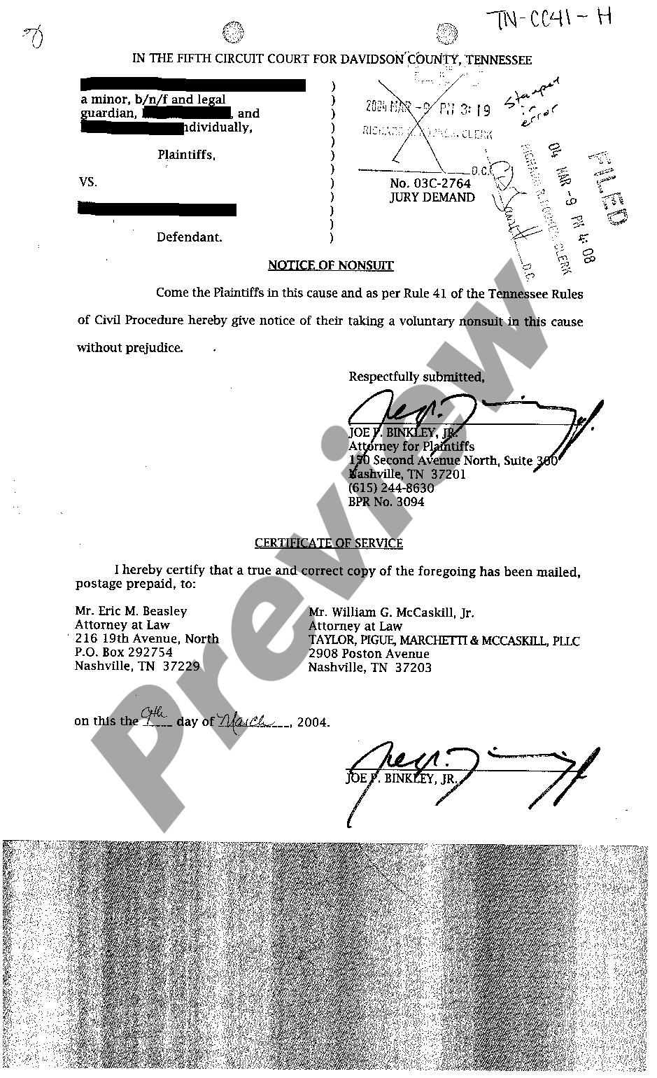 Knoxville Tennessee Notice Of Nonsuit Taken By Plaintiffs US Legal Forms