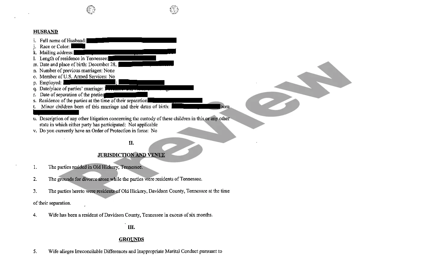 Preview A01 Complaint for Divorce Based Upon Grounds of Inappropriate Marital Conduct